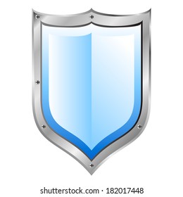 Blue medieval shield on white background.