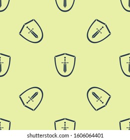 Blue Medieval shield with sword icon isolated seamless pattern on yellow background.  Vector Illustration