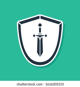 Blue Medieval shield with sword icon isolated on green background.  Vector Illustration