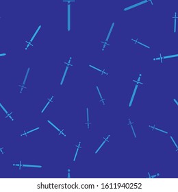 Blue Medieval sword icon isolated seamless pattern on blue background. Medieval weapon.  Vector Illustration