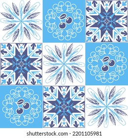 Blue mediterranean ceramic tiles, spanish portuguese italian style, azulejo talavera vector illustration