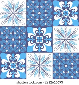 Blue mediterranean ceramic tiles, spanish portuguese italian style, azulejo talavera vector illustration