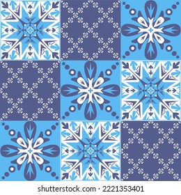 Blue mediterranean ceramic tiles, spanish portuguese italian style, azulejo talavera vector illustration