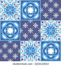 Blue mediterranean ceramic tiles, spanish portuguese italian style, azulejo talavera vector illustration