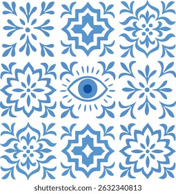 Padrão azul azulejo mediterrâneo com olho malvado e motivos florais