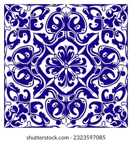 Ilustración vectorial de azulejos mediterráneos azules. Ornamento marroquí. Decoración de mosaico.