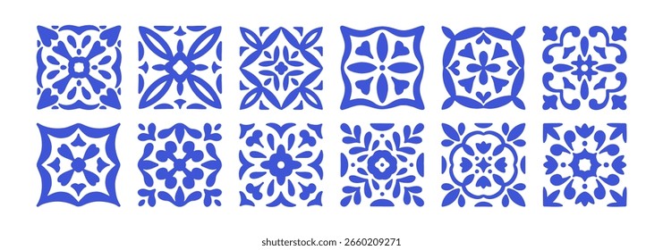 Azulejos mediterráneos azules Ilustración vectorial de colección. Mosaico cuadrado moderno italiano patrones.