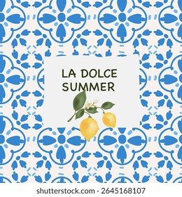 Blaue mediterrane Fliesen, Hintergrund mit Zitronen und Text "Sweet summer". Vektor niedlich elegante Aquarell Illustration für Karte, Einladung oder Poster