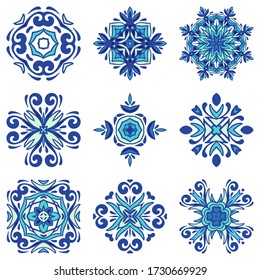 Blue mediterranean tiles vector graphic collection. Set of ornament mandala art flower. Design sing bundle ceramic decor