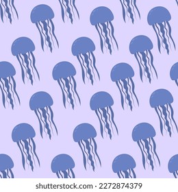 Blue medusa. Eared Aurelia. Seamless vector pattern. Endless ornament of marine invertebrates with tentacles. Flat style. Isolated purple background. Ocean dweller. Idea for web design.