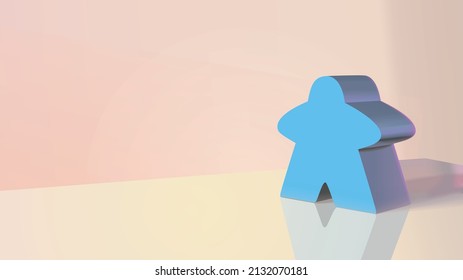 A blue meeple stood on a shiny table against a pastel coloured background.