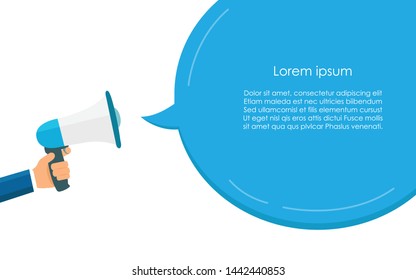 Blue Megaphone for communication and speech bubble. Voice announcement. Concept advertising. Flat design