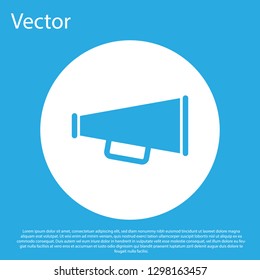 Blue Megaphone icon isolated on blue background. White circle button. Flat design. Vector Illustration