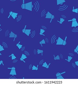 Blue Megaphone icon isolated seamless pattern on blue background. Loud speach alert concept. Bullhorn for Mouthpiece scream promotion.  Vector Illustration