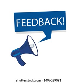 blue megaphone on white background with baner and text feedback