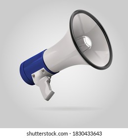 Blue megaphone speaker isolated on gray background. 3d vector illustration