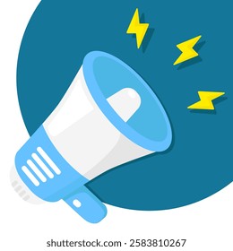 Blue megaphone with yellow lightning bolts ideal for illustrations, presentations, graphic design projects, and advertising campaigns needing energetic communication visuals. vector illustration