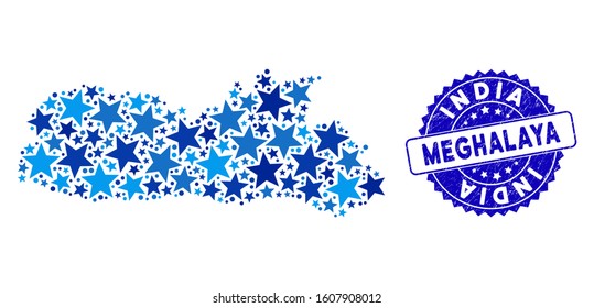 Blue Meghalaya State map composition of stars, and grunge round stamp. Abstract geographic scheme in blue color tinges. Vector Meghalaya State map is formed of blue stars.