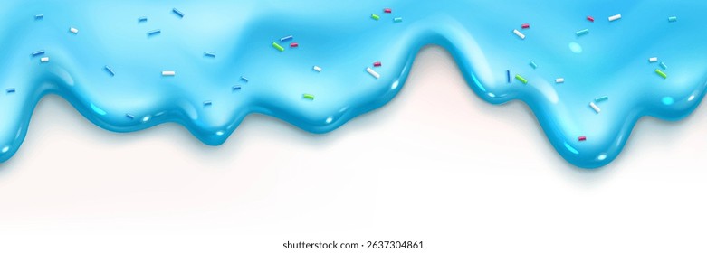 Blue melted icing drips with colorful sprinkles - sweet glossy frosting glaze, gooey liquid topping border, sugary ice cream splash isolated on white background. Vector confectionery decoration.