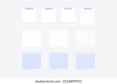 Blue memo note paper collection. Planner, organizer, reminder concepts. Flat minimal decorative vector design isolated illustration.