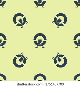 Blue Memorial wreath icon isolated seamless pattern on yellow background. Funeral ceremony.  Vector
