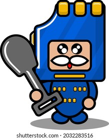 blue memory card mascot costume cute vector cartoon character holding shovel