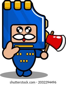 blue memory card mascot costume cute vector cartoon character holding ax in hand peace