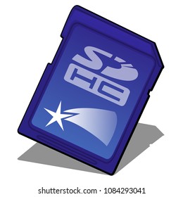 Blue memory SD card isolated on a white background. Vector cartoon close-up illustration.