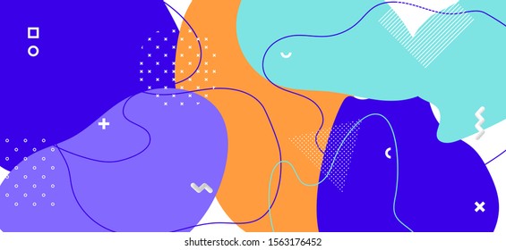 Blue Memphis Poster. Hipster Abstract Composition. Contemporary Wave Brochure. Purple Flow Ornament. Memphis Design. Fashion Abstract Illustration. Multicolor Business Memphis Banner.