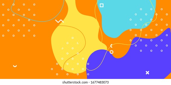 Blue Memphis Poster. Summer Abstract Presentation. Futuristic Fluid Ornament. Multicolor Cool Pattern. Memphis Design. Trendy Abstract Illustration. Yellow Wave Brochure. Memphis Cover.