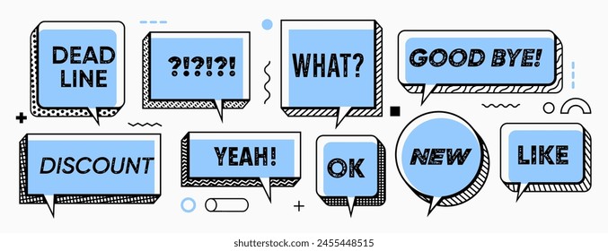 Blue Memphis speech bubbles and chat message frames with text, vector thin line. Message bubbles with discount, Yeah and What or Good Bye and Ok speech clouds in Memphis style blue bubble frames