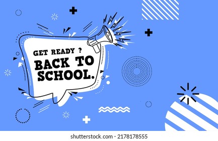 blue memphis style back to school banner. child design with loudspeaker icon. education poster