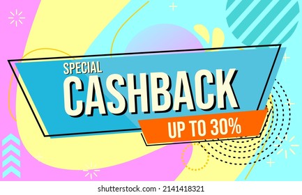 blue memphis style banner with cashback text. background for cheerful and colorful theme advertisement