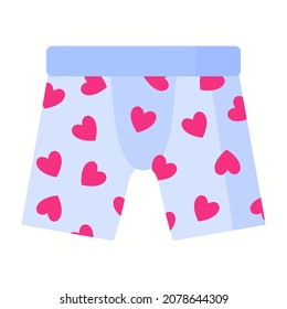 Blue Men boxer underpants with red hearts. Fashion concept. Vector cartoon isolated illustration. svg