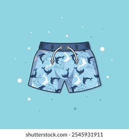 Pantalones cortos de baño de los hombres azules con los delfines en la ilustración plana del Vector del fondo azul con el contorno negro Elemento brillante del verano de la historieta