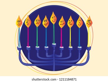 Blue Menora and Nine candles with different face expressions, Dark Blue Circle and Light Yellow background