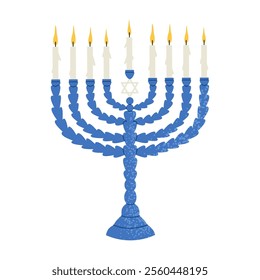 Blue Menorah for Happy Hanukkah celebration. Hanukkah candlestick. Flat vector illustration isolated on white background.