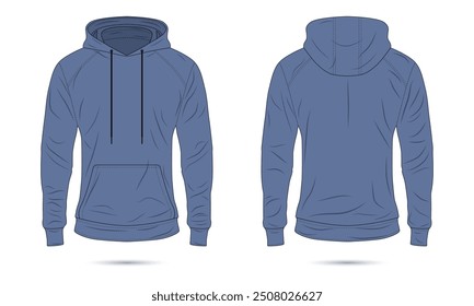 Blue men's hoodie jacket mockup front and back view. Vector illustration