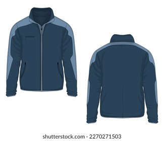 Blue men's warm jacket mockup front and back view