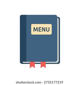 Blue menu book with red bookmarks on a white background, symbolizing dining or restaurant menu.