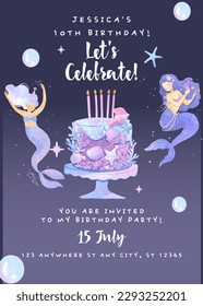 Invitación a la fiesta de cumpleaños ilustrada de Sirena Azul: Plantilla de vector