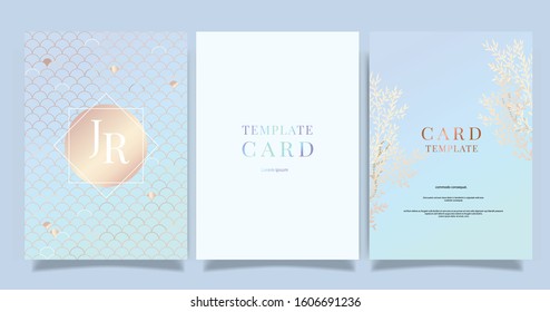 Blue mermaid Luxury Wedding Invitation, floral invite thank you, rsvp modern card Design in gold flower with  leaf greenery  branches decorative Vector elegant rustic template