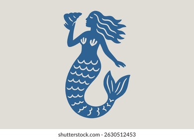 Blue mermaid silhouette naive cutout style	