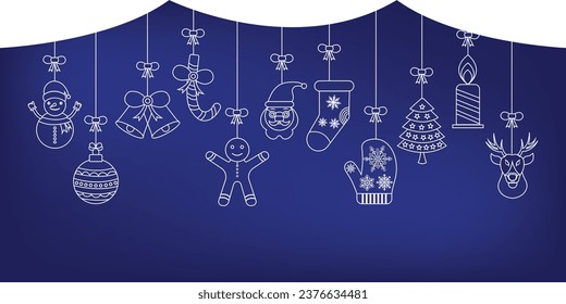 Blue merry Christmas background with line icon hanging elements