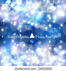 Blue Merry Christmas background with silver snowflakes, light, stars. Vector Illustration. Xmas card