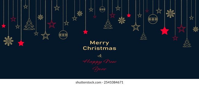 Blue Merry Christmas banner, creative golden balls, fir trees, golden snowflakes and red stars hanging from above. Dark blue Christmas and Happy New Year background.