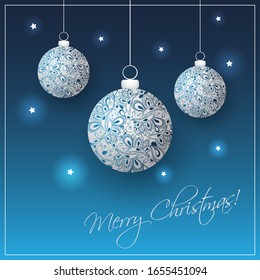 Blue Merry Christmas Card with Ornamentally Patterned Silver Grey Hanging Christmas Balls