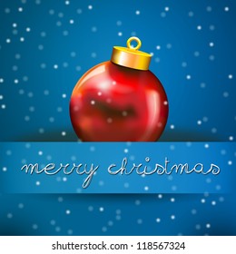 Blue Merry Christmas Card with Red Xmas ball Blue Merry Xmas card with the Christmas ball Icon, and copy space with an hand written wish text