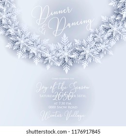 Blue Merry Christmas Greetings card. White Origami Paper cut snow flake. Happy New Year Decoration. Winter snowflakes background. Seasonal holidays. Snowfall. Origami. Gray background. Vector