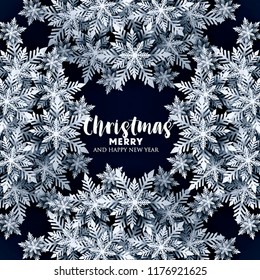 Blue Merry Christmas Greetings card. White Origami Paper cut snow flake. Happy New Year Decoration. Winter snowflakes background. Seasonal holidays. Snowfall. Origami. Blue background. Vector